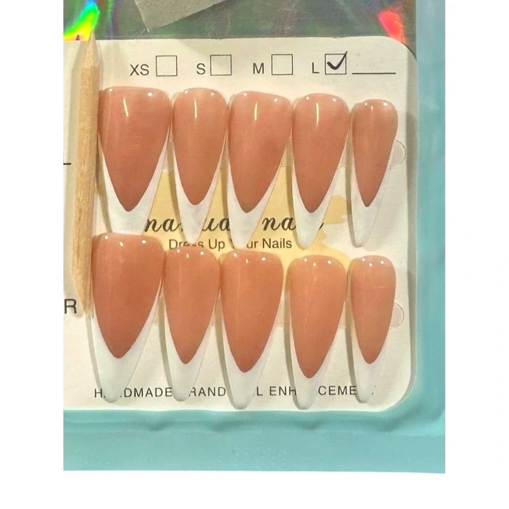 French Tip Press On Nails Nude White Long Stiletto Classic Clean Girl Minimalist